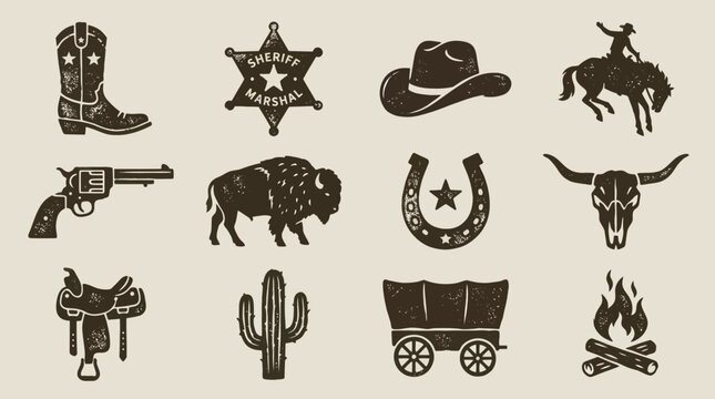 Wild West and Cowboy Culture Icons Set.