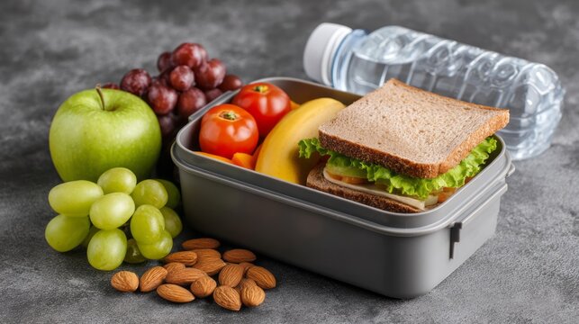 healthy school lunch box with fresh sandwich, sliced vegetables, almonds, fruits and water bottle on grey table, balanced homemade meal for kids, nutritious back to school food concept in bright natur