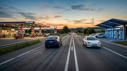 Fototapeta premium Electric car and gasoline vehicle parked on a highway near a gas station and electric charging station at sunset, showcasing the transition in automotive technology