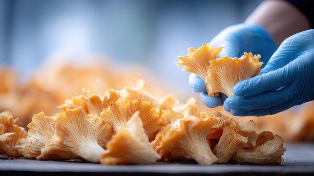 Hands wearing blue gloves carefully handle fresh golden chanterelle mushrooms on a wooden surface, with a blurred background of additional mushrooms in a mushroom farm setting