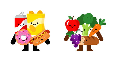 Fototapeta premium Healthy Versus Unhealthy Food Choices, a Fun Comparison of Food Characters