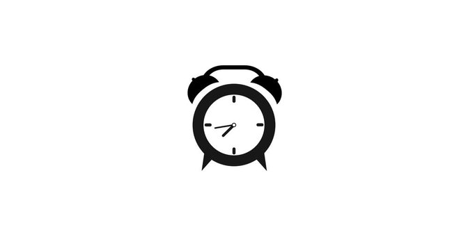 Abstract alarm clock icon timer graphic video animation. Black outline alarm clock icon time lapse animation on a white background.