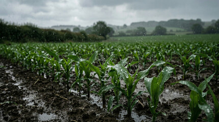 Fototapeta premium Rain-soaked corn seedlings grow in a muddy field.
