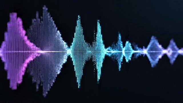 Dynamic digital audio waveform equalizer displaying sound frequency visualization in vibrant blue and purple colors for technology and music