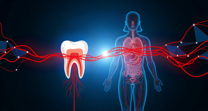 Detailed conceptual illustration showcasing the intricate connection between a human tooth's internal structure and the body's nervous system, depicted by red pathways, symbolizing dental pain
