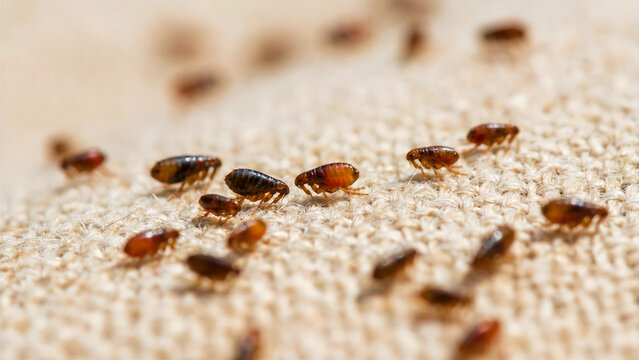 Several dark brown adult fleas are visible up close crawling across a rough textured light brown woven fabric surface.