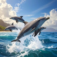 Fototapeta premium Dolphins jumping out of the ocean with splashes