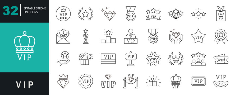 VIP icon set. Containing crown, diamond, quality, vip card, exclusive, customer, red carpet, laurel, victory, star, service, benefit, and more. Editable line icons. Vector illustration.