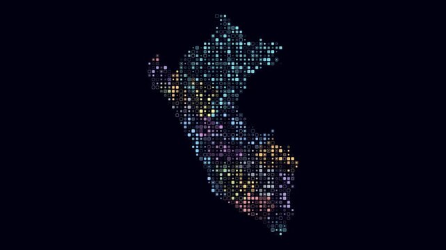 Peru animated country shape. Pulsating colored dots on the map of the country. Small size rounded square blocks. Digital style Peru map on dark background. Abstract animation video.