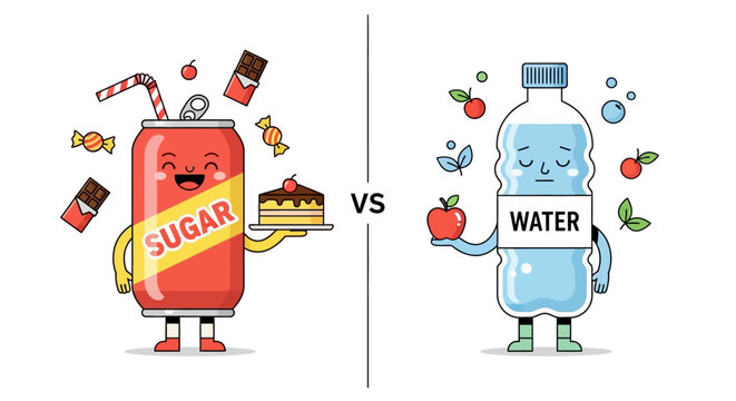 Healthy lifestyle choice between sugary drinks and refreshing water for a balanced diet