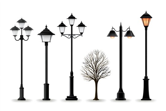 Vintage street lamps and a leafless tree illustrations