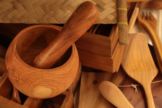 Traditional Indonesian (Cobek Ulekan Kayu) Wooden Mortar and Pestle with Rustic Kitchen Utensils 