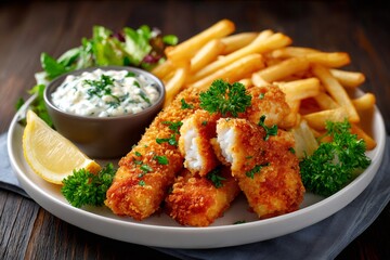 Fototapeta premium Fried fish and chips serving with lemon and tartar sauce