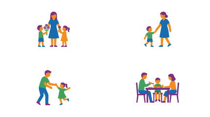 Fototapeta premium Family activities, caregiving, flowers, meal, icons
