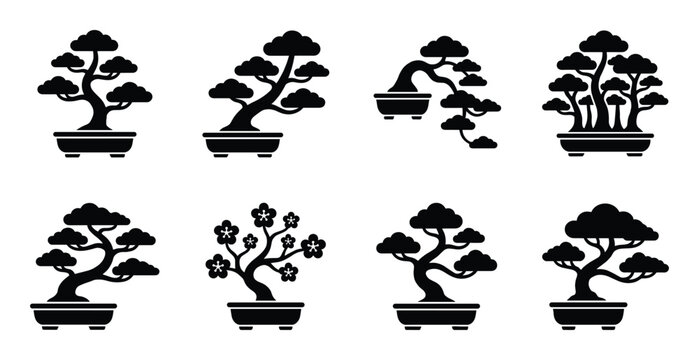 Collection of eight black silhouette bonsai tree illustrations in pots, different styles