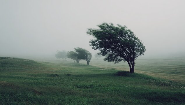 Lone trees bend in the wind across a misty, grassy landscape