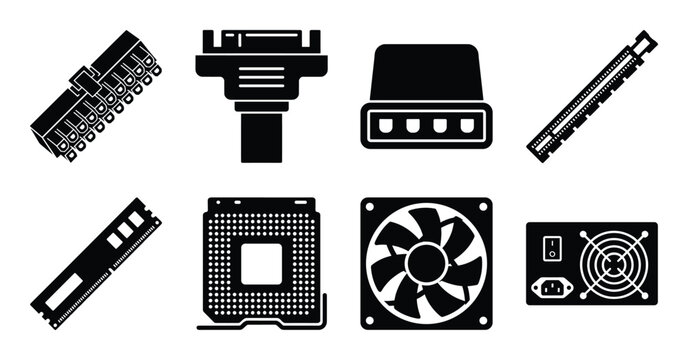 Computer hardware components set electronic parts technology device symbols isolated graphic elements