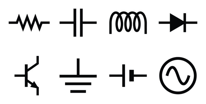 Electrical circuit schematic symbols featuring resistor capacitor inductor diode and transistor set