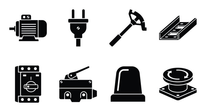 Electrical engineering icons including electric motor power plug circuit breaker and emergency button
