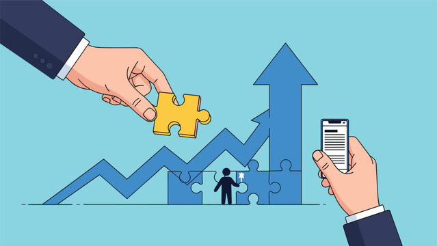 Hands completing a bar chart with a golden puzzle piece while another person views data on a mobile smartphone device.