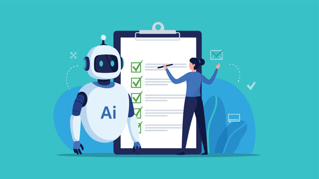 Artificial intelligence robot assisting a business woman in completing a checklist on a large clipboard for efficient workflow.