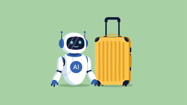 Smart travel technology concept featuring a friendly AI robot standing next to a large yellow rolling suitcase.