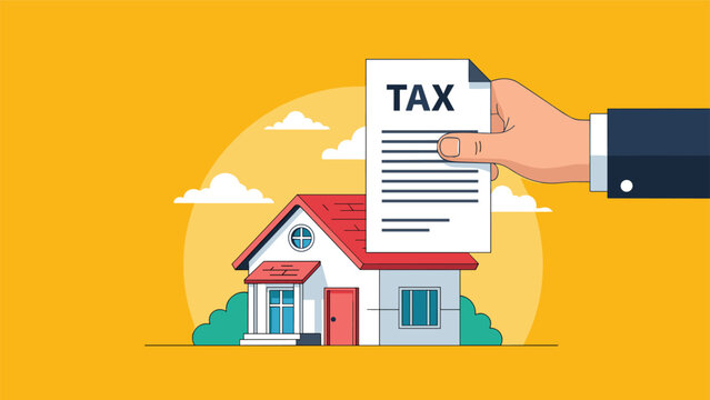 Businessman holding a property tax document above a residential house depicting real estate assessment and fiscal duty.