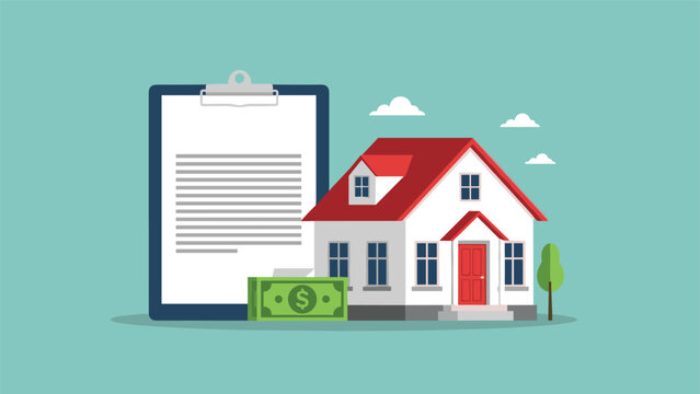 Real estate financing concept with a residential house, stack of dollar bills, and a legal clipboard for home purchase.