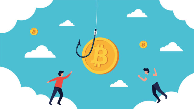 Phishing scam metaphor featuring a golden bitcoin coin attached to a sharp fishing hook to lure unsuspecting internet users.