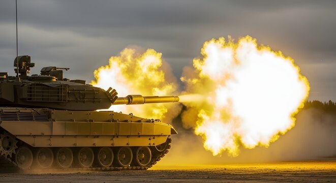 A powerful military tank fires its main gun, creating a massive muzzle flash and smoke during a live-fire exercise.