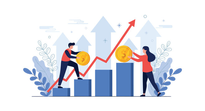 Business team placing gold coins on growing bar chart representing financial success and increasing profit margins.