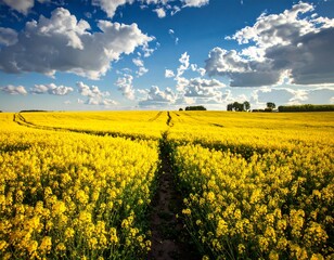 Obraz premium A vast yellow flower field under a blue sky with white clouds