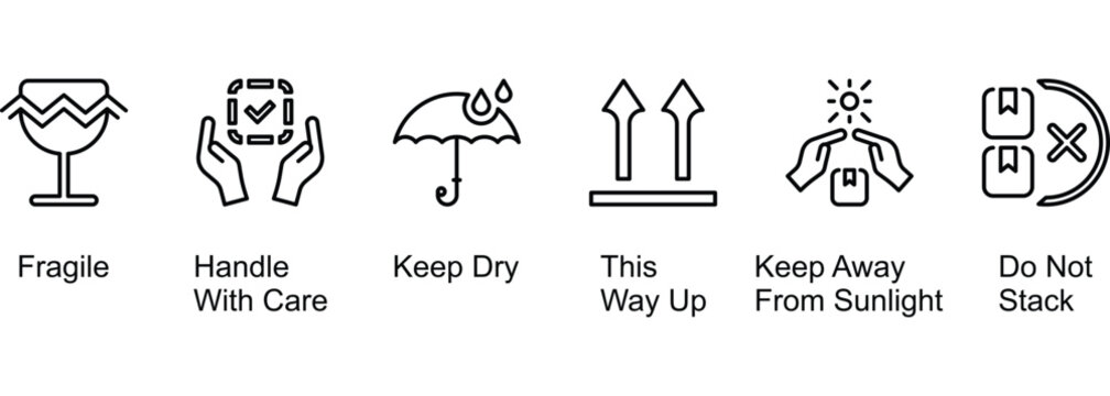 International Packaging Symbols Handling And Safety banner web icon line vector illustration of Fragile, Handle With Care, Keep Dry, This Way Up, Keep Away From Sunlight, Do Not Stack