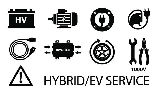 Hybrid electric vehicle service technology symbols power components tools isolated icons