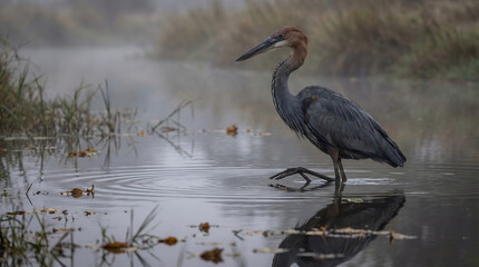 Fototapeta premium Goliath Heron Stalking in Misty River Backwater