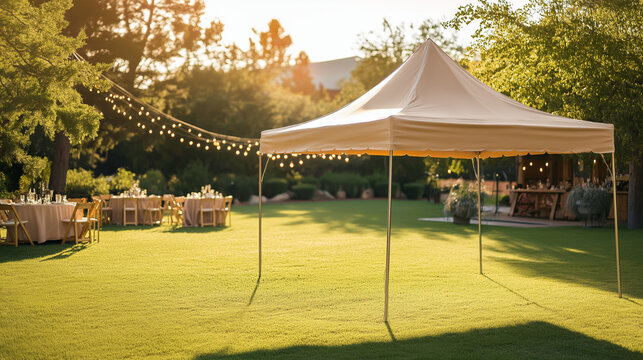 White event tent on green lawn in sunny outdoor setting