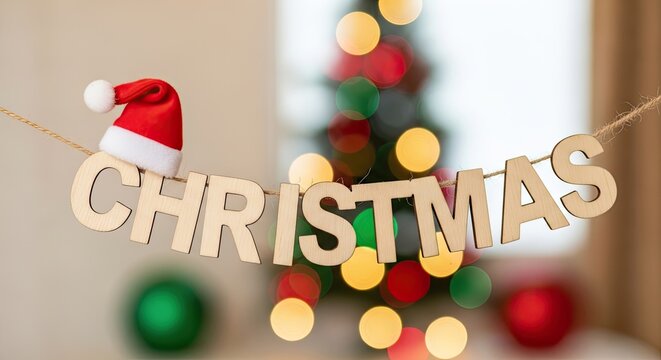 A wooden Christmas banner hangs in front of a blurred Christmas tree and string lights. The banner displays the word "CHRISTMAS" in large, wooden letters.