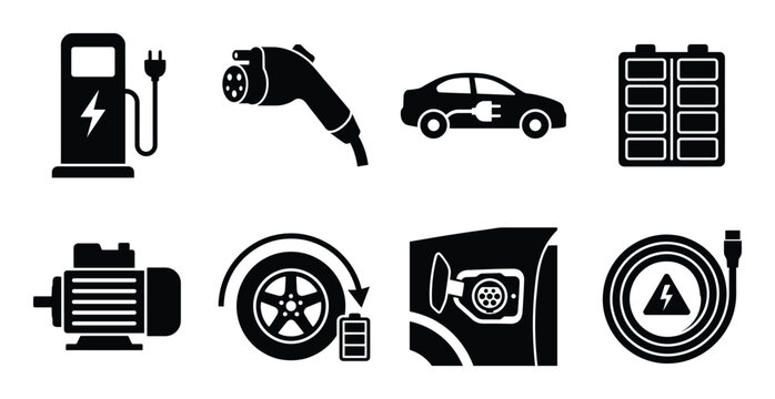 Set of electric vehicle charging station and ev battery black glyph icons