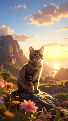 Obraz premium A serene cat sitting on a rock surrounded by vibrant flowers