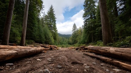 Fototapeta premium A dynamic perspective of a forest clearing showcasing numerous stacked timber logs from felled evergreen trees under a vast cloudy sky