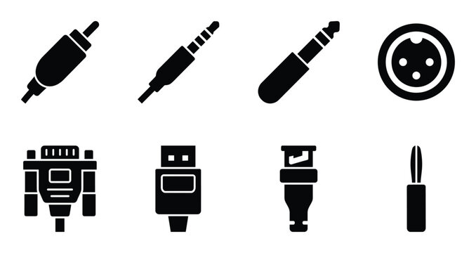 Set of various audio and video connectors plugs and cables black glyph icons