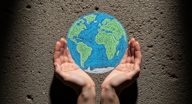 Hands cupped around colorful chalk drawing of earth on stone surface