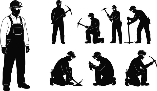 Coal miner worker silhouettes cad drawing flat vector illustration mining industry labor equipment industrial people characters safety helmet line art
