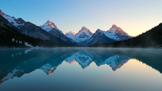Scenic mountain range reflection in calm lake at sunrise with snow-capped peaks and clear sky