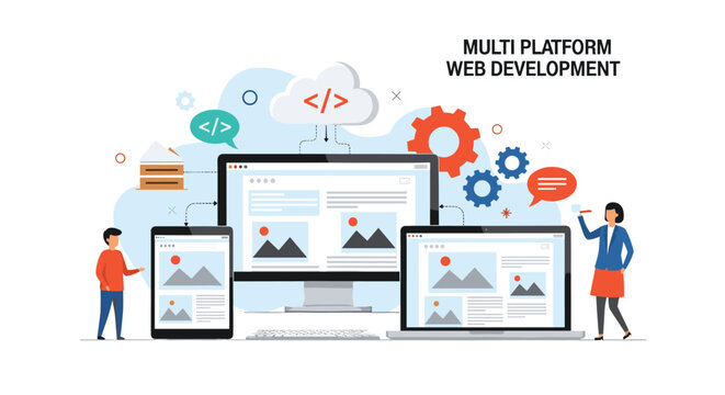 Multi-platform web development and responsive UI design showing a website layout across desktop monitor, laptop, and mobile tablet devices.