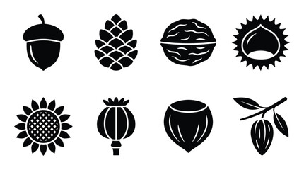 Various edible nuts seeds and plant produce vector icons for food and agriculture on a transparent background © GoDesigner