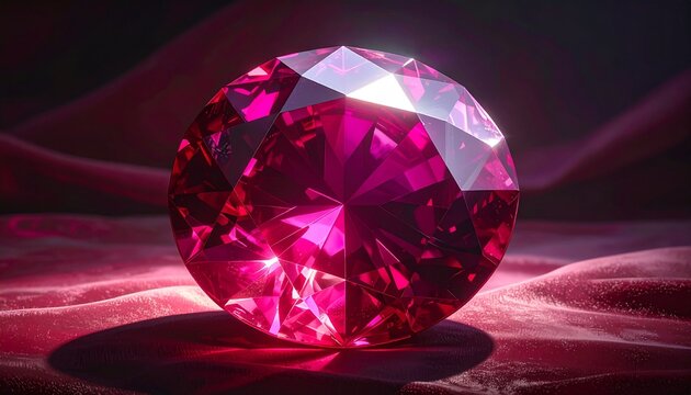 Vivid pink ruby gemstone with brilliant internal reflections on dark fabric