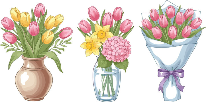Hand Drawn Spring Floral Bouquet Set with Tulips and Hydrangeas in Vases and Gift Wrap for Mothers Day Wedding Decor and Greeting Card Vector Illustrations