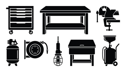 Workshop equipment icons including tool cart, workbench, vise, air compressor, hose reel, lamp, toolbox © GoDesigner