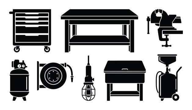 Workshop equipment icons including tool cart, workbench, vise, air compressor, hose reel, lamp, toolbox